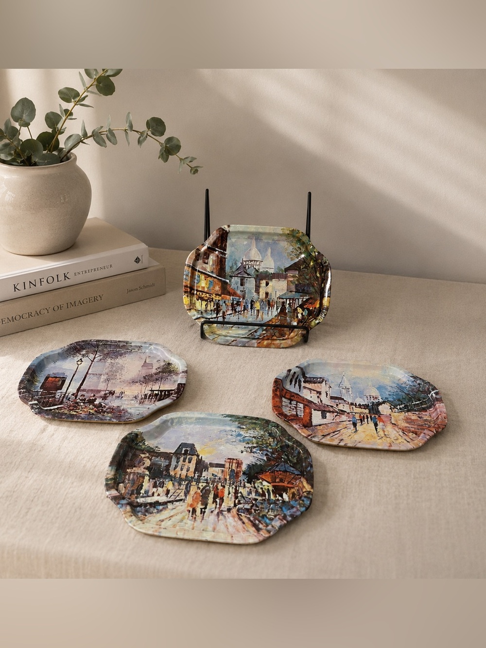 Set of 4 Vintage Paris Scene Metal Trays – Montmartre, Seine & City Views